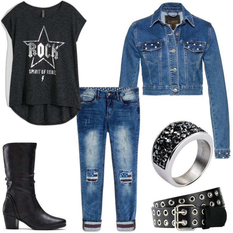 Outfit donna - Bonprix rock. Stile Rock per Tutti i giorni. Abbinamento con cinture, stivali, blazer, anelli, t-shirt, jeans skinny.