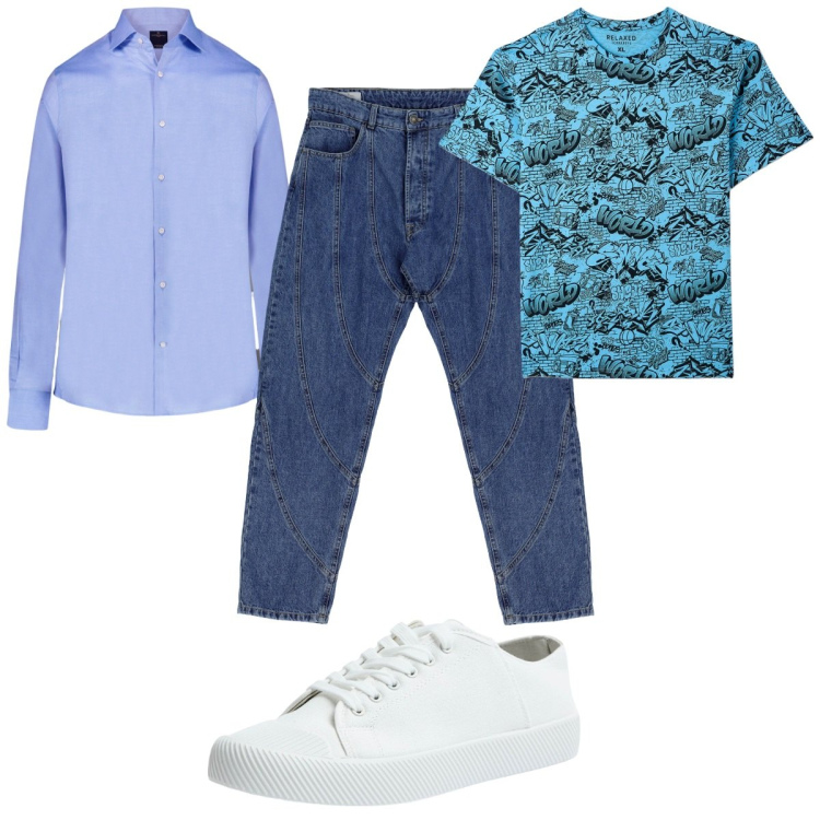 Outfit uomo - Total look #1947160. Stile Casual per Tutti i giorni. Abbinamento con t-shirt, sneakers, jeans dritti, camicie.