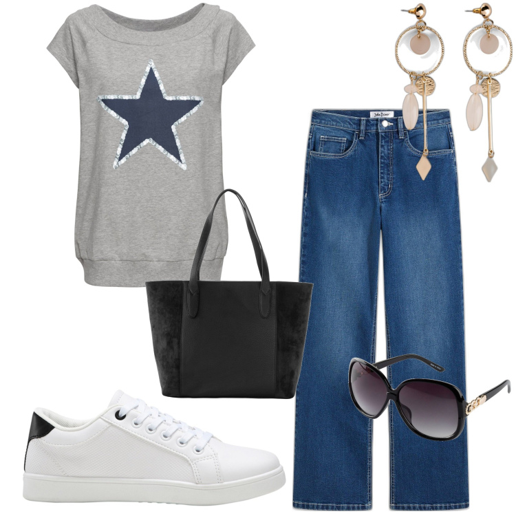 Outfit donna - Bonprix. Stile Casual per Tutti i giorni. Abbinamento con t-shirt, orecchini, shopping bag, occhiali da sole, sneakers, jeans.