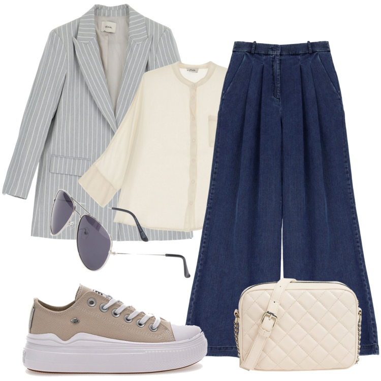 Outfit donna - Total look #1947177. Stile Trendy per Scuola/Università. Abbinamento con borse a tracolla, jeans dritti, camicie, blazer, sneakers, occhiali da sole.