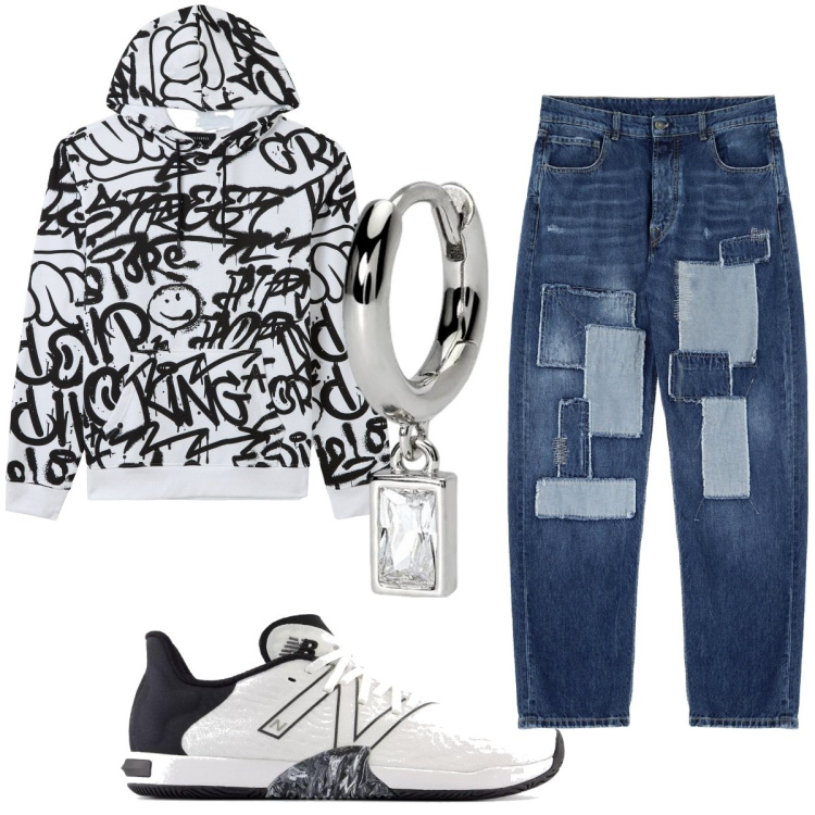 Outfit uomo - Total look #1947188. Stile Urban per Tutti i giorni. Abbinamento con felpe con cappuccio, orecchini, sneakers, jeans.