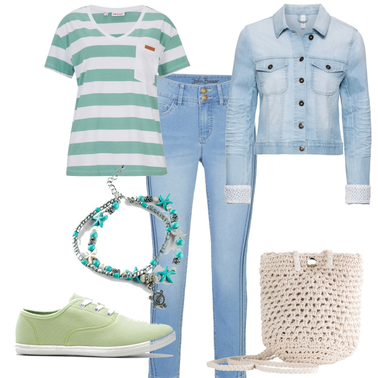 Outfit donna - Total look #1947203. Stile Casual per Tutti i giorni. Abbinamento con blazer, sneakers, jeans skinny, maglieria, borse a tracolla, collane.