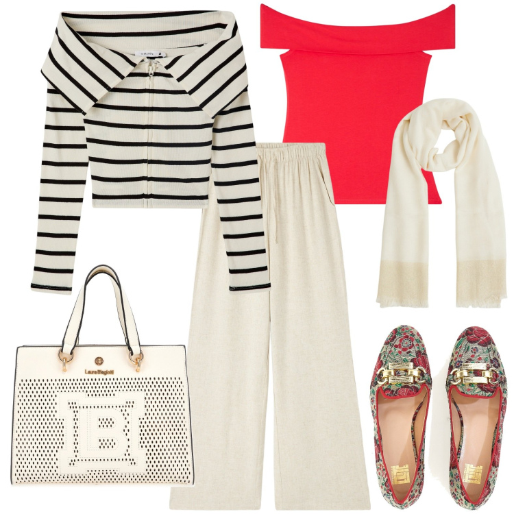 Outfit donna - Total look #1947204. Stile Casual per Tutti i giorni. Abbinamento con pantaloni, cardigans, top, sciarpe, mocassini, borse a mano.