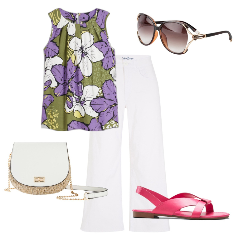 Outfit donna - Il denim bianco. Stile Casual chic per Tutti i giorni. Abbinamento con jeans, occhiali da sole, borse a tracolla, sandali, top.