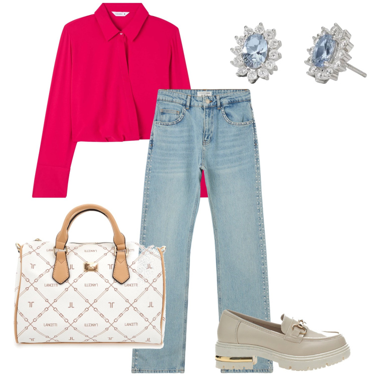 Outfit donna - La blusa incrociata. Stile Casual chic per Tutti i giorni. Abbinamento con orecchini, jeans slim fit, bluse, mocassini, borse a mano.