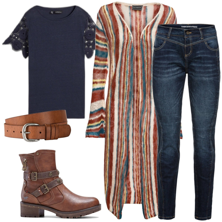 Outfit donna - Denim style - jeans e cardigan. Stile Casual per Tutti i giorni. Abbinamento con cardigans, jeans boyfriend, cinture, stivaletti, maglieria.