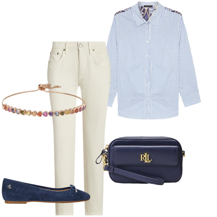 Outfit donna - La camicia a righe. Stile Bon Ton per Serata fuori. Abbinamento con braccialetti, pochette, jeans, ballerine, camicie.