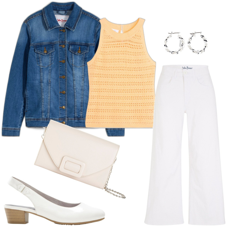 Outfit donna - Denim style - jeans bianchi. Stile Glamour per Ufficio. Abbinamento con décolleté, blazer, jeans, orecchini, top, pochette.