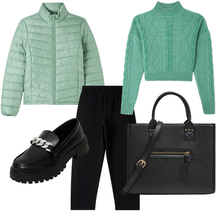 Outfit donna - Terranova - piumino verde acqua. Stile Glamour per Ufficio. Abbinamento con maglieria, mocassini, shopping bag, piumini, pantaloni.