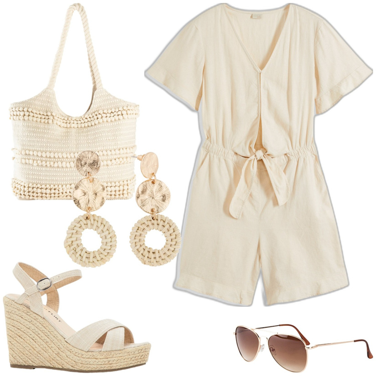 Outfit donna - Total look #1947302. Stile Casual per Tutti i giorni. Abbinamento con shopping bag, occhiali da sole, tute, orecchini, sandali.