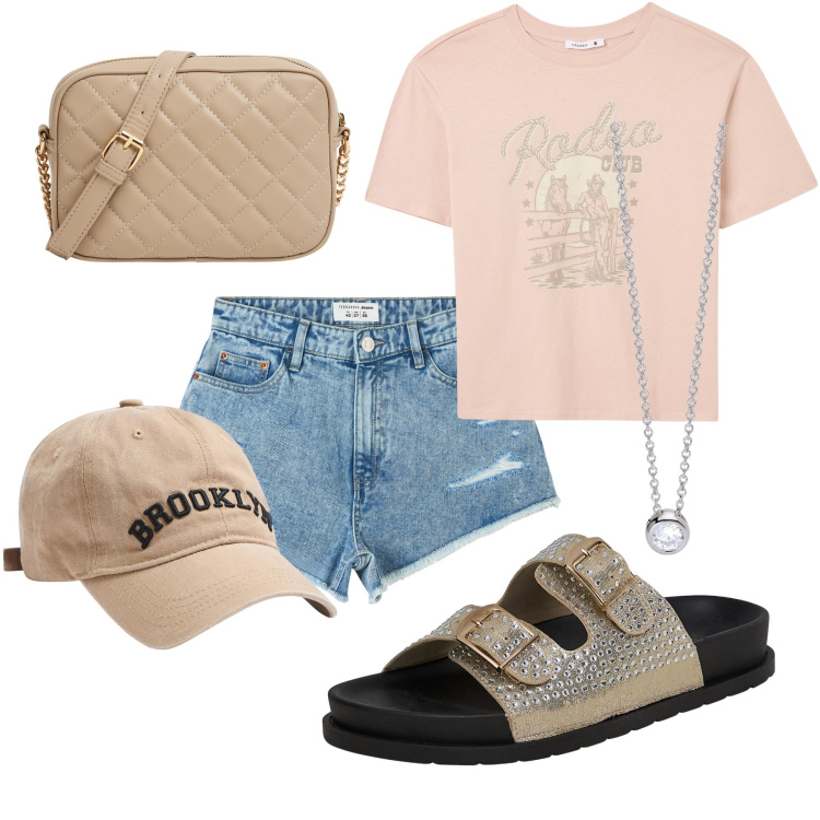 Outfit donna - Back to school. Stile Casual per Scuola/Università. Abbinamento con ciabatte, shorts, borse a tracolla, cappelli, t-shirt, collane.