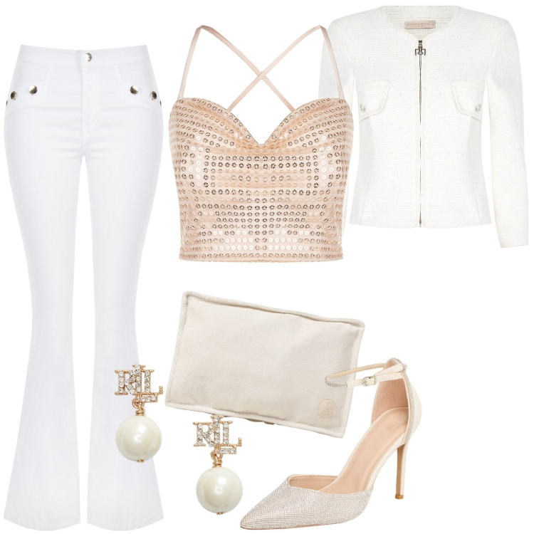 Outfit donna - Total look #1947315. Stile Sexy per Serata fuori. Abbinamento con décolleté, blazer, pantaloni, top, orecchini, pochette.