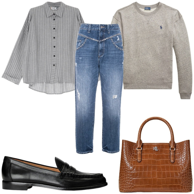Outfit donna - Total look #1947331. Stile Casual per Tutti i giorni. Abbinamento con camicie, jeans, mocassini, pullovers, borse a mano.