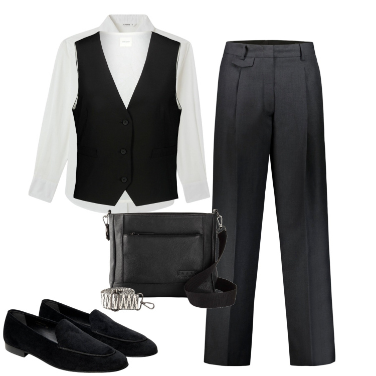 Outfit donna - In ufficio mannish. Stile Mannish per Tutti i giorni. Abbinamento con borse a tracolla, camicie, mocassini, gilet, pantaloni.