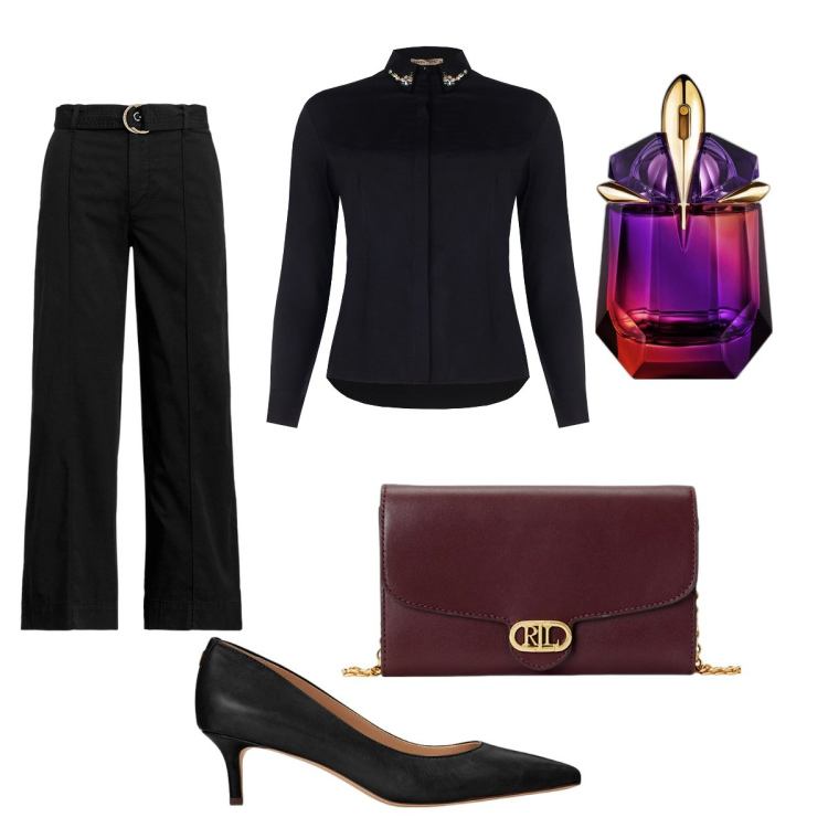 Outfit donna - Total look #1947358. Stile Bon Ton per Serata fuori. Abbinamento con profumi, camicie, décolleté, borse a tracolla, pantaloni.