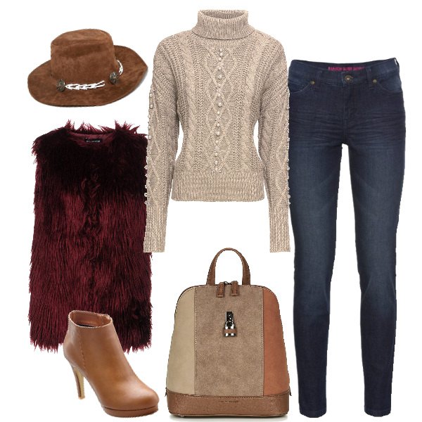 Outfit donna - Fashion con lo zaino. Stile Trendy per Tutti i giorni. Abbinamento con jeans skinny, pullover a trecce collo alto con perle beige e corda, tronchetti con plateau e zip marrone, gilet, zaino marrone, cappello in pelle sintetica.