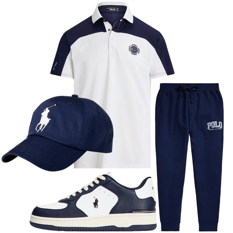 Outfit uomo - Bianco e blu per lo sport. Stile Casual per Sport. Abbinamento con cappelli, pantaloni, sneakers, polo.