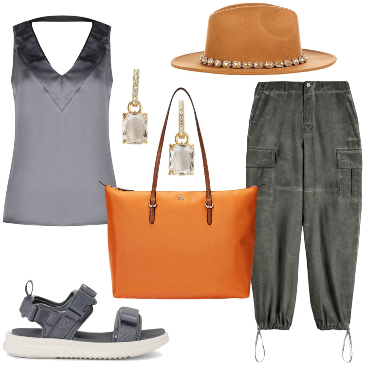 Outfit donna - Grigio e arancio. Stile Chic per Tutti i giorni. Abbinamento con sandali, top, cappelli, pantaloni cargo, borse tote, orecchini.