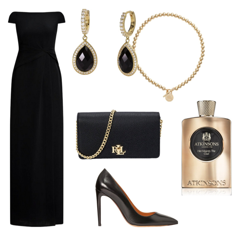 Outfit donna - Elegante. Stile Chic per Serata fuori. Abbinamento con profumi, orecchini, collane, vestiti lunghi, décolleté, borse a mano.
