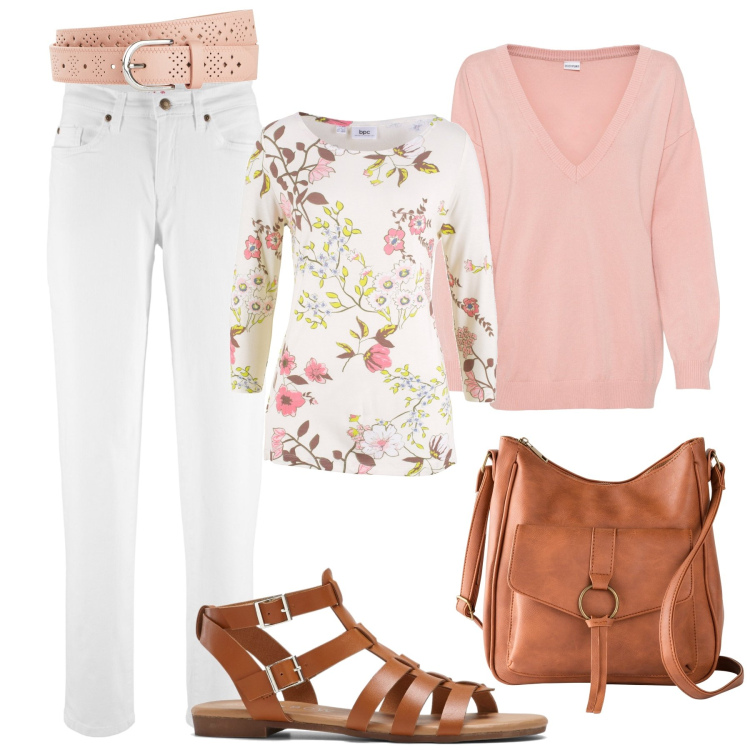 Outfit donna - Con i jeans bianchi. Stile Casual per Tutti i giorni. Abbinamento con maglieria, borse a tracolla, maglieria, jeans mom, sandali, cinture.