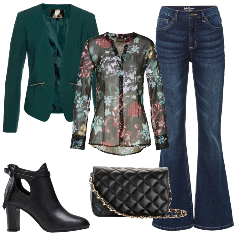 Outfit donna - Sottobosco fiorito. Stile Casual per Tutti i giorni. Abbinamento con blazer, borse a tracolla, jeans a zampa, camicie, stivaletti.