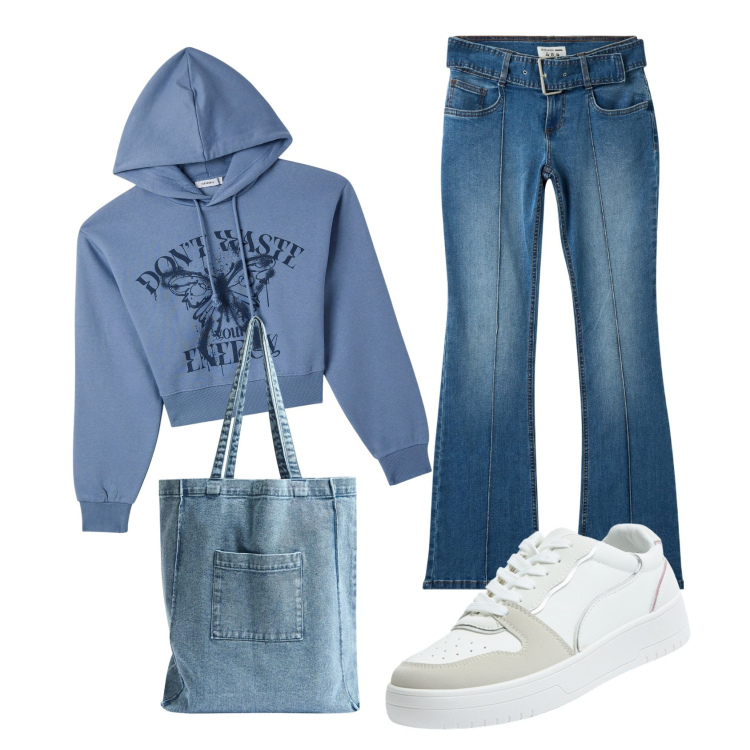 Outfit donna - Arriva l\'autunno. Stile Preppy per Tutti i giorni. look ideale per Tall. Abbinamento con sneakers, jeans a zampa, shopping bag, felpe con cappuccio.