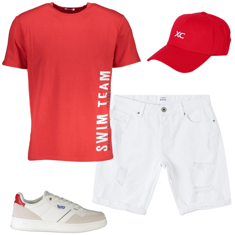 Outfit uomo - Agosto. Stile Casual per Tutti i giorni. Abbinamento con bermuda, t-shirt, sneakers, cappelli.