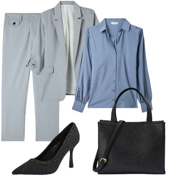 Outfit donna - Rientro in ufficio. Stile Chic per Ufficio. Abbinamento con pantaloni, camicie, blazer, shopping bag, décolleté.