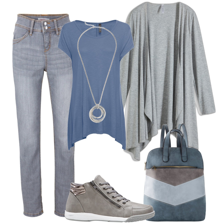 Outfit donna - I jeans grigio used. Stile Casual per Tutti i giorni. Abbinamento con sneakers alte, maglieria, jeans slim fit, cardigans, zaini, collane.