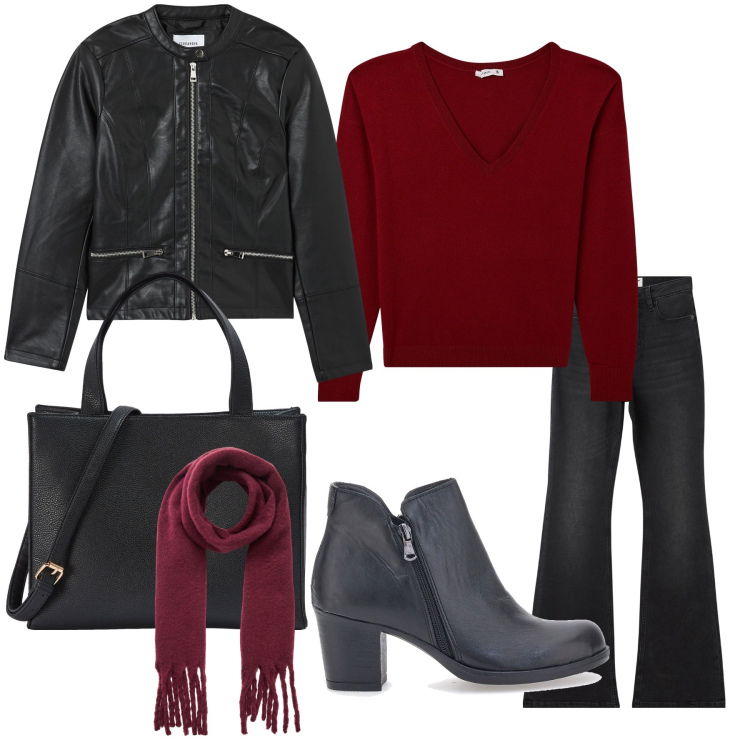 Outfit donna - Il maglione rosso. Stile Casual per Tutti i giorni. Abbinamento con jeans a zampa, shopping bag, sciarpe, blazer, maglieria, stivaletti.