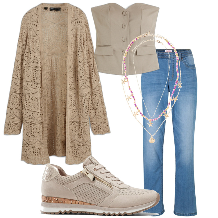 Outfit donna - Bonprix. Stile Casual per Serata fuori. Abbinamento con cardigans, sneakers, top, jeans dritti, ciondoli.