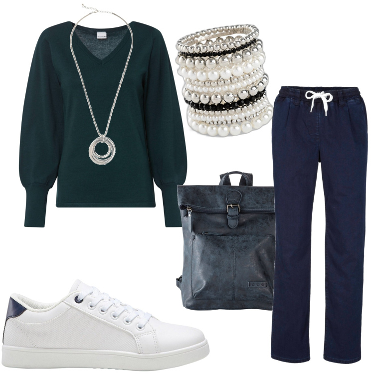 Outfit donna - Bonprix. Stile Casual per Tutti i giorni. Abbinamento con braccialetti, maglieria, zaini, jeans, collane, sneakers.