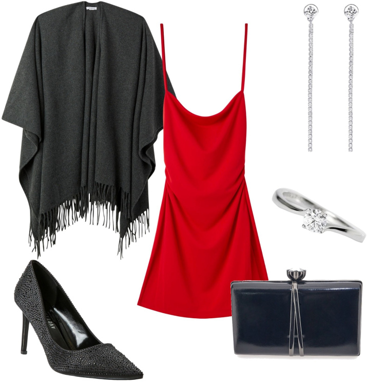 Outfit donna - Serata autunnale con mantella. Stile Chic per Serata fuori. Abbinamento con anelli, orecchini, décolleté, cappe, vestiti corti, pochette.