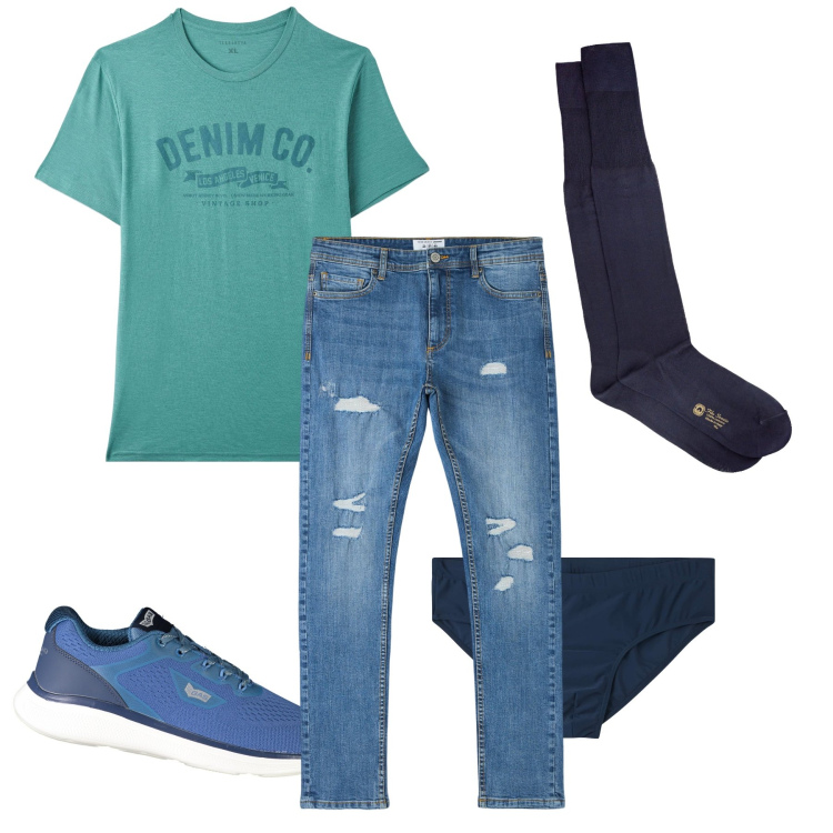 Outfit uomo - Intimo blu. Stile Urban per Ufficio. Abbinamento con jeans strappati, slip, t-shirt, calzini, sneakers.