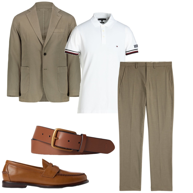 Outfit uomo - Cerimonia di settembre. Stile Business/Elegante per Cerimonia. Abbinamento con polo, scarpe stringate, cinture, pantaloni, giacche.