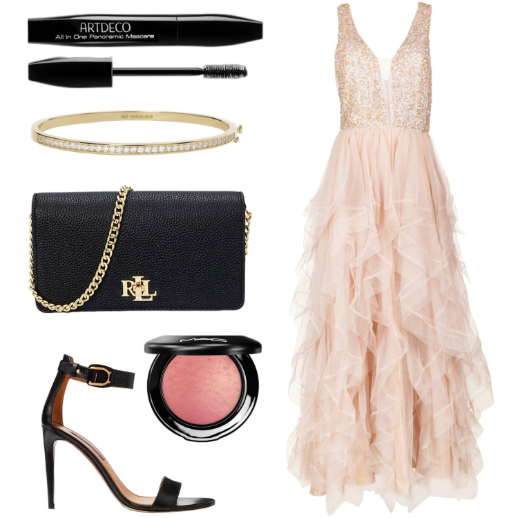 Outfit donna - Come una principessa. Stile Chic per Serata fuori. Abbinamento con blush, mascara, braccialetti, vestiti, sandali in pelle, borse a mano.