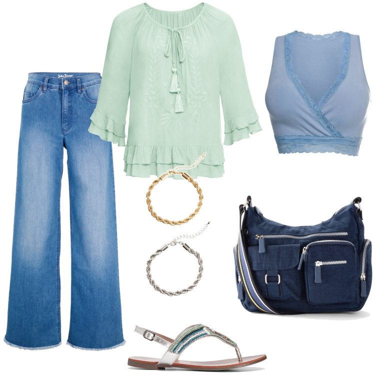 Outfit donna - Autunno caldo e infradito Bonprix style. Stile Casual per Tutti i giorni. Abbinamento con borse a tracolla, jeans, tuniche, ciabatte, reggiseni, braccialetti.