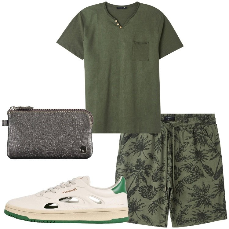 Outfit uomo - Bermuda a fantasia tropicale. Stile Casual per Tutti i giorni. Abbinamento con bermuda, t-shirt, sneakers, portafogli.