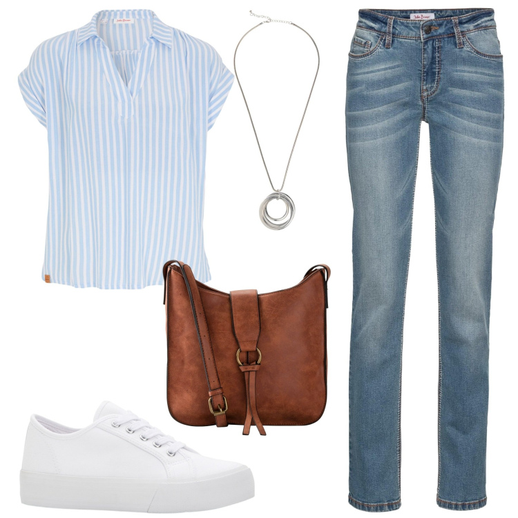 Outfit donna - Denim Bonprix. Stile Casual per Tutti i giorni. Abbinamento con bluse, sneakers, borse a tracolla, jeans dritti, collane.