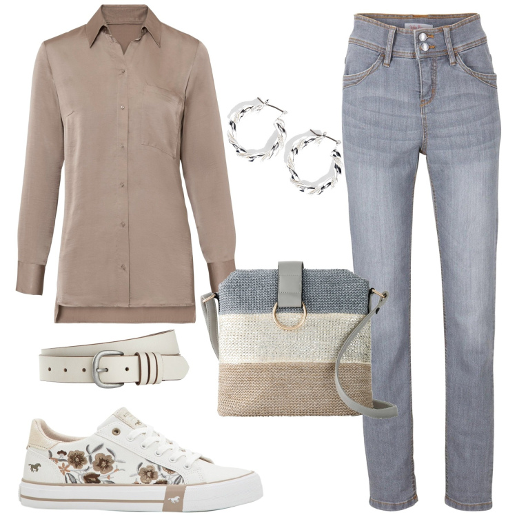 Outfit donna - Denim chic Bonprix. Stile Casual chic per Tutti i giorni. Abbinamento con jeans slim fit, sneakers, orecchini, camicie, borse a tracolla, cinture.