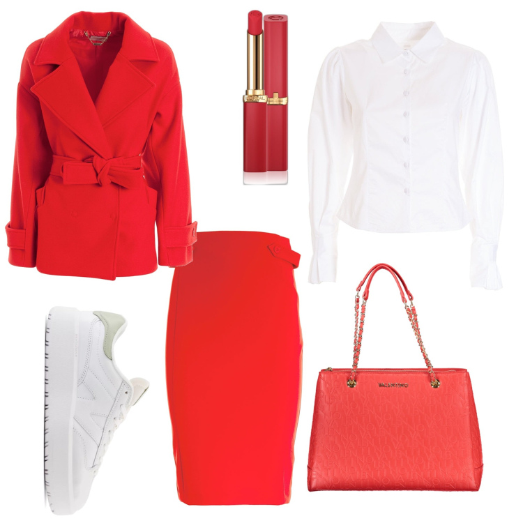 Outfit donna - Rosso di fine estate. Stile Bon Ton per Ufficio. Abbinamento con rossetti, sneakers, cappotti, gonne, camicie, borse a spalla.