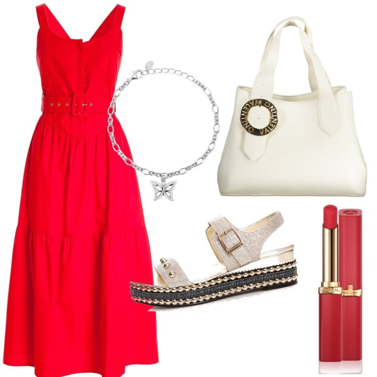 Outfit donna - Ultima settimana d\'agosto. Stile Casual per Tutti i giorni. Abbinamento con rossetti, braccialetti con ciondoli, vestiti midi/longuette, sandali, borse a spalla.