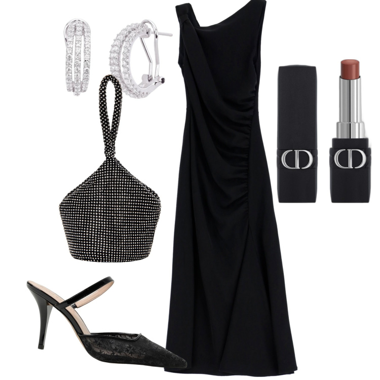 Outfit donna - Sofisticata minimalista. Stile Chic per Serata fuori. Abbinamento con rossetti, orecchini, pochette, vestiti asimmetrici, scarpe col tacco.