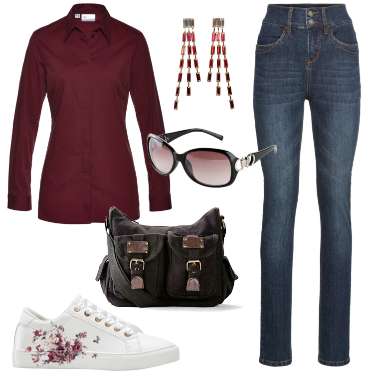 Outfit donna - Bonprix Denim. Stile Casual per Tutti i giorni. Abbinamento con jeans slim fit, camicie, sneakers, orecchini, occhiali da sole, borse a tracolla.