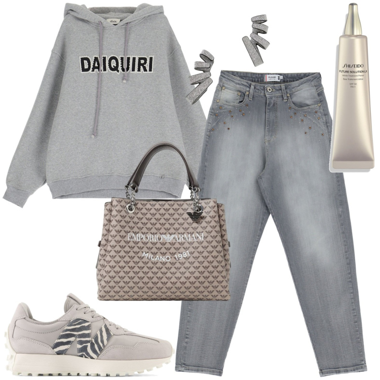 Outfit donna - Total look #1947673. Stile Casual per Tutti i giorni. Abbinamento con primer, sneakers, jeans, felpe con cappuccio, borse a mano, orecchini.