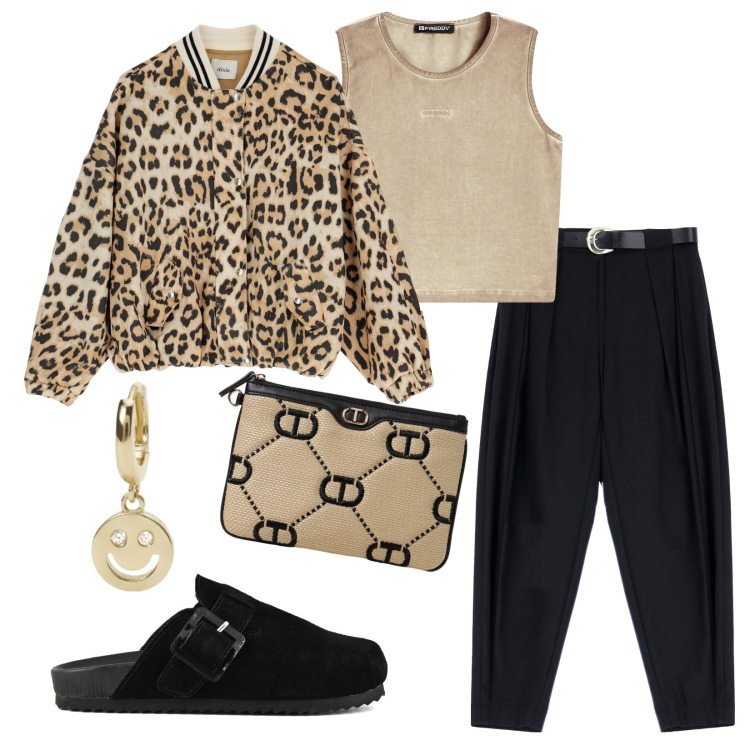 Outfit donna - Animalier sempre attuale!!!. Stile Trendy per Serata fuori. Abbinamento con orecchini, pantaloni, top, blazer, sabot, clutch.