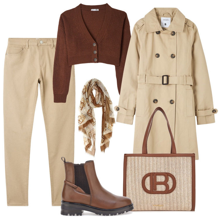 Outfit donna - Con il mio primo trench. Stile Casual per Tutti i giorni. Abbinamento con trench, pantaloni skinny, cardigans, stivaletti chelsea, borse a spalla, sciarpe.