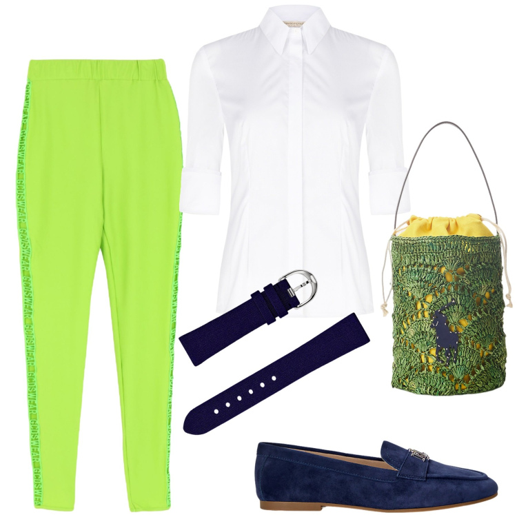 Outfit donna - Eclettica. Stile Glamour per Ufficio. Abbinamento con leggings, camicie, mocassini, borse a secchiello, orologi.