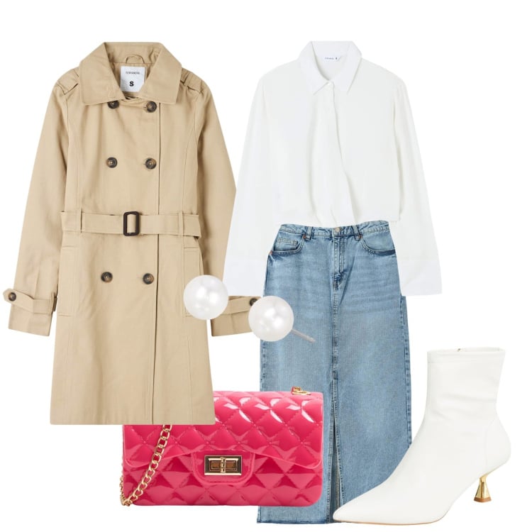 Outfit donna - Terranova back to. Stile Casual chic per Ufficio. Abbinamento con bluse, trench, gonne lunghe, borse a tracolla, stivaletti, orecchini.