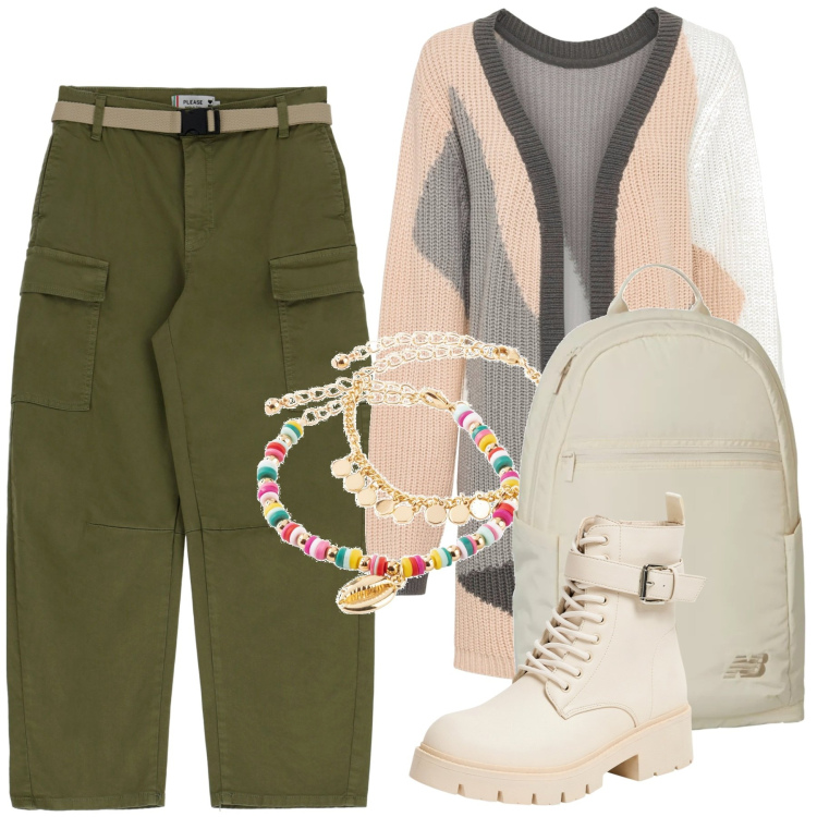 Outfit donna - Total look #1947728. Stile Casual per Tutti i giorni. Abbinamento con cardigans, braccialetti con ciondoli, anfibi, zaini, pantaloni cargo.
